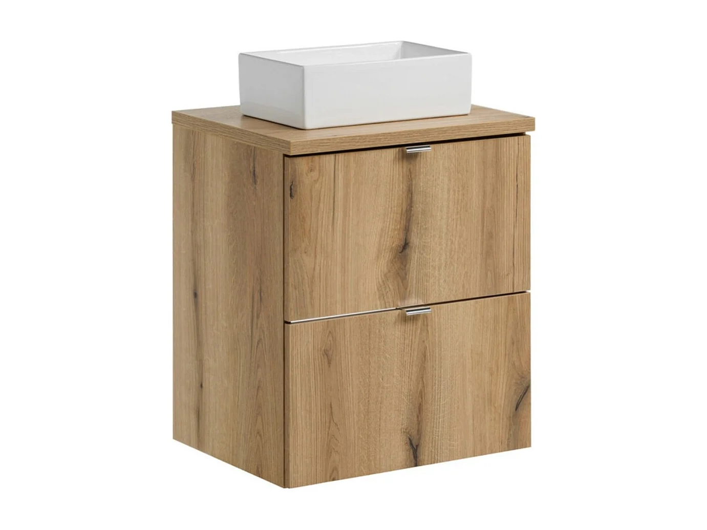 Ensemble de salle de bain VANO aspect chêne 50cm : meubles sous vasque à tiroirs + plan pour vasque + vasques à poser