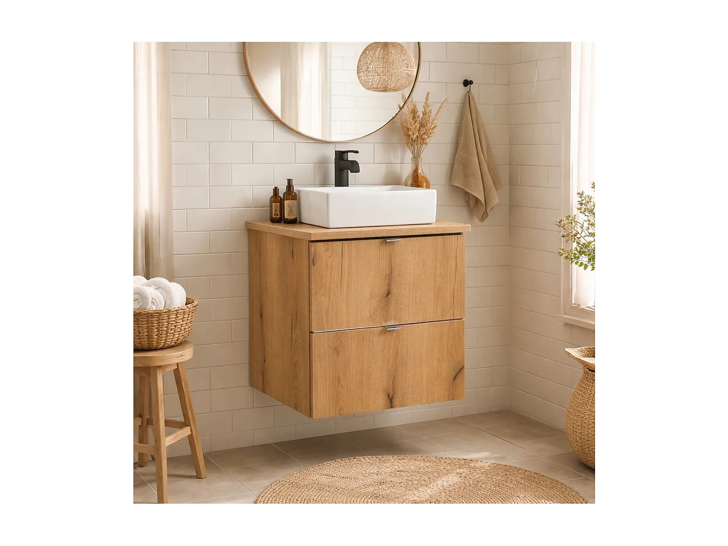 Ensemble de salle de bain VANO aspect chêne 50cm : meubles sous vasque à tiroirs + plan pour vasque + vasques à poser