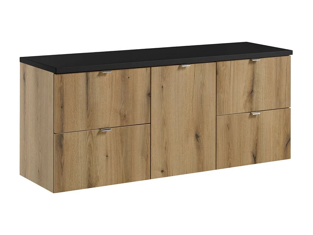 Ensemble de salle de bain VANO aspect chêne et noir 140cm : meubles sous vasque à tiroirs et panier à linge + plan pour vasque