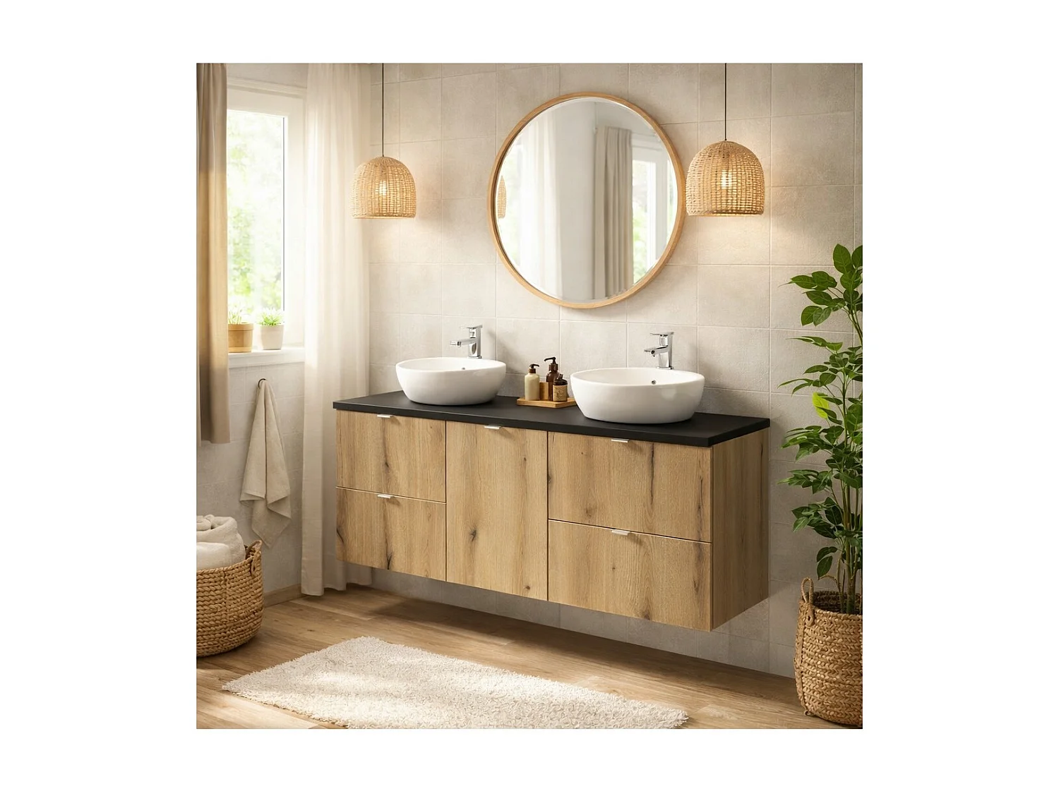 Ensemble de salle de bain VANO aspect chêne et noir 140cm : meubles sous vasque à tiroirs et panier à linge + plan pour vasque