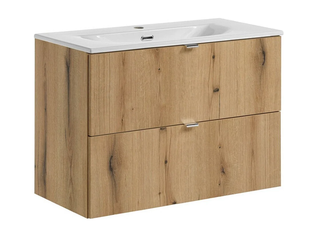 Ensemble de salle de bain suspendu VANO aspect chêne et blanc 80cm : meubles sous vasque à tiroirs + vasque encastrée