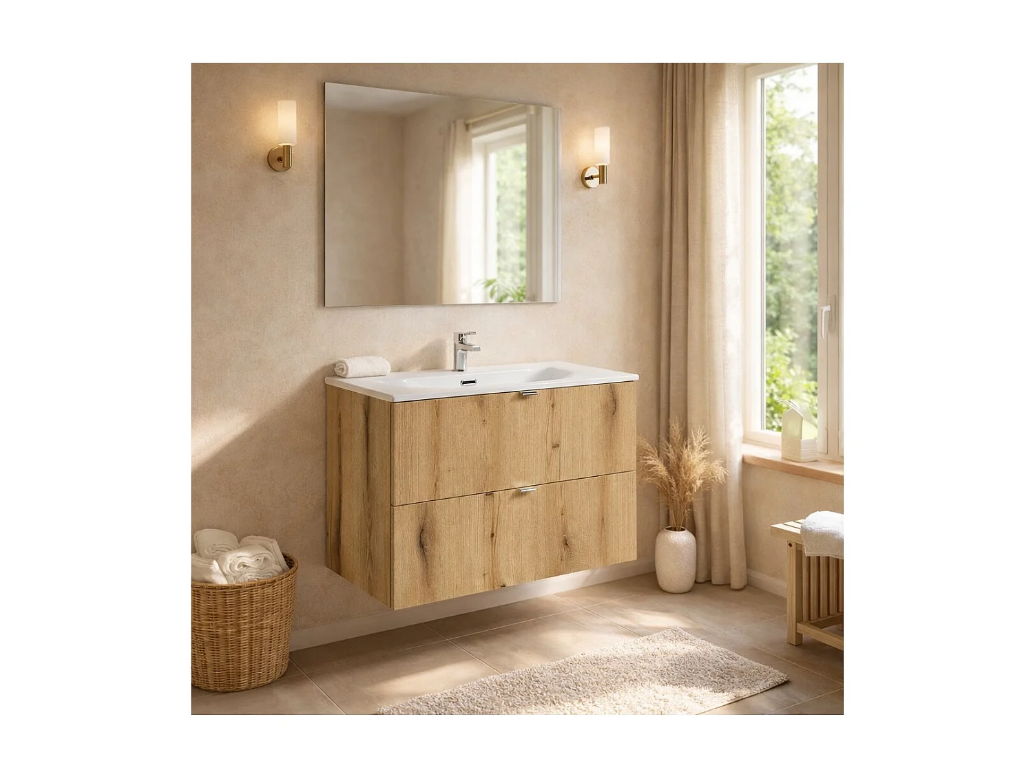 Ensemble de salle de bain suspendu VANO aspect chêne et blanc 80cm : meubles sous vasque à tiroirs + vasque encastrée
