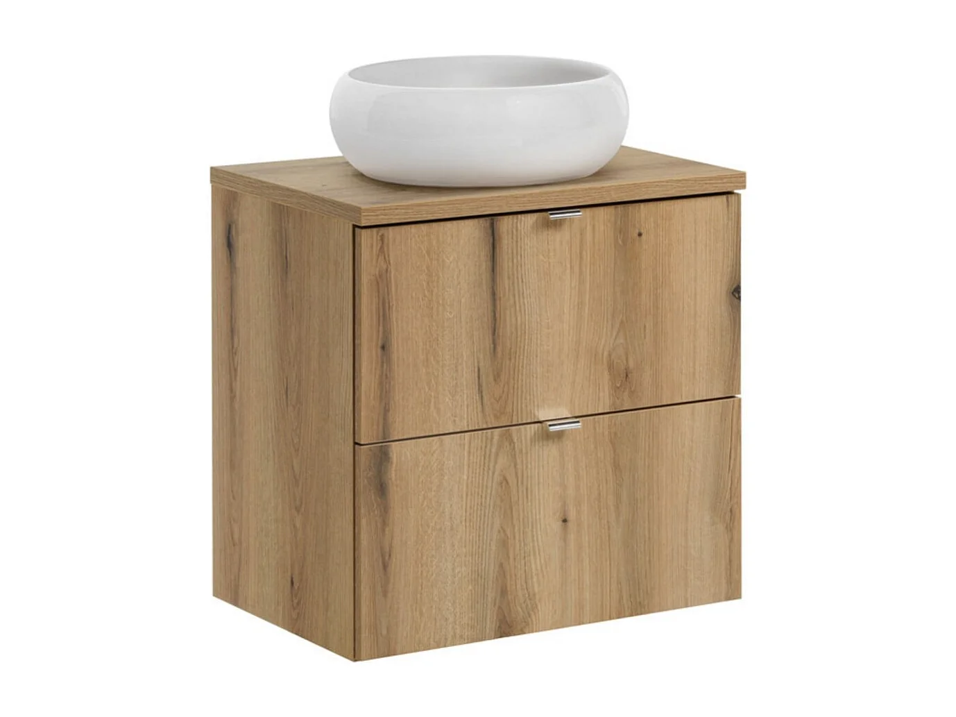Ensemble de salle de bain VANO aspect chêne 60cm : meuble sous vasque à tiroirs + plan pour vasque + vasque à poser ronde