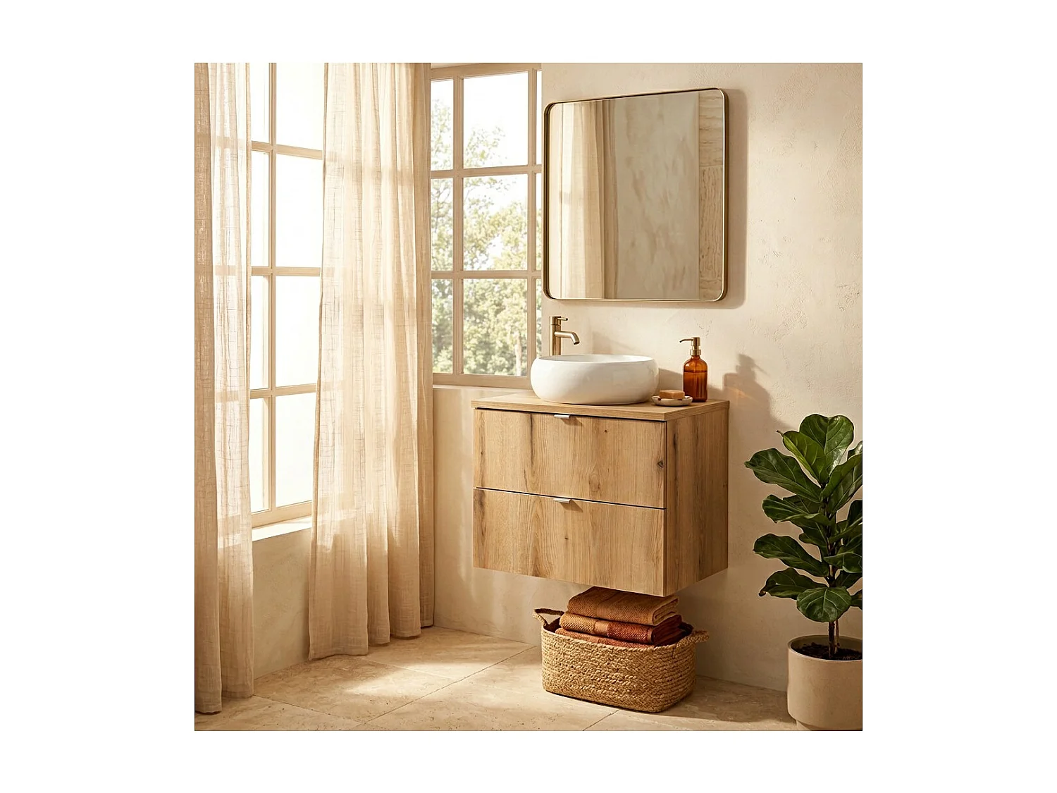 Ensemble de salle de bain VANO aspect chêne 60cm : meuble sous vasque à tiroirs + plan pour vasque + vasque à poser ronde