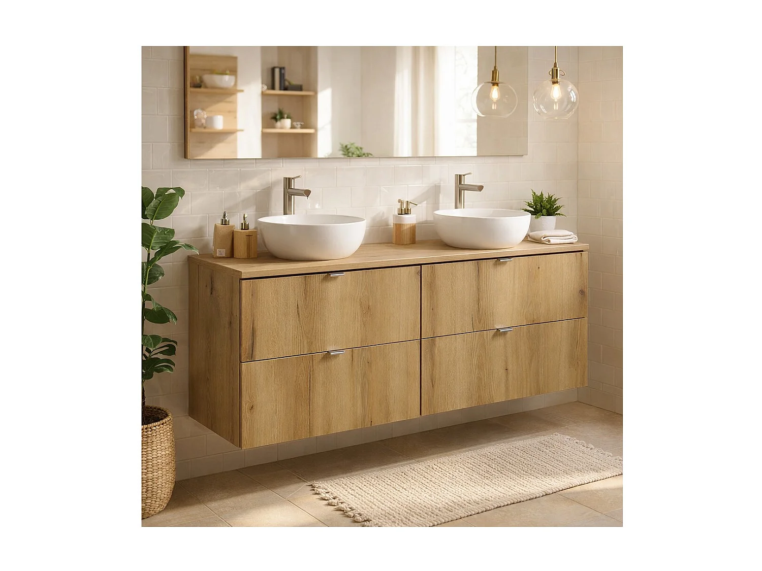 Ensemble de salle de bain suspendu VANO aspect chêne 120cm : meubles sous vasque à tiroirs + plan pour vasque