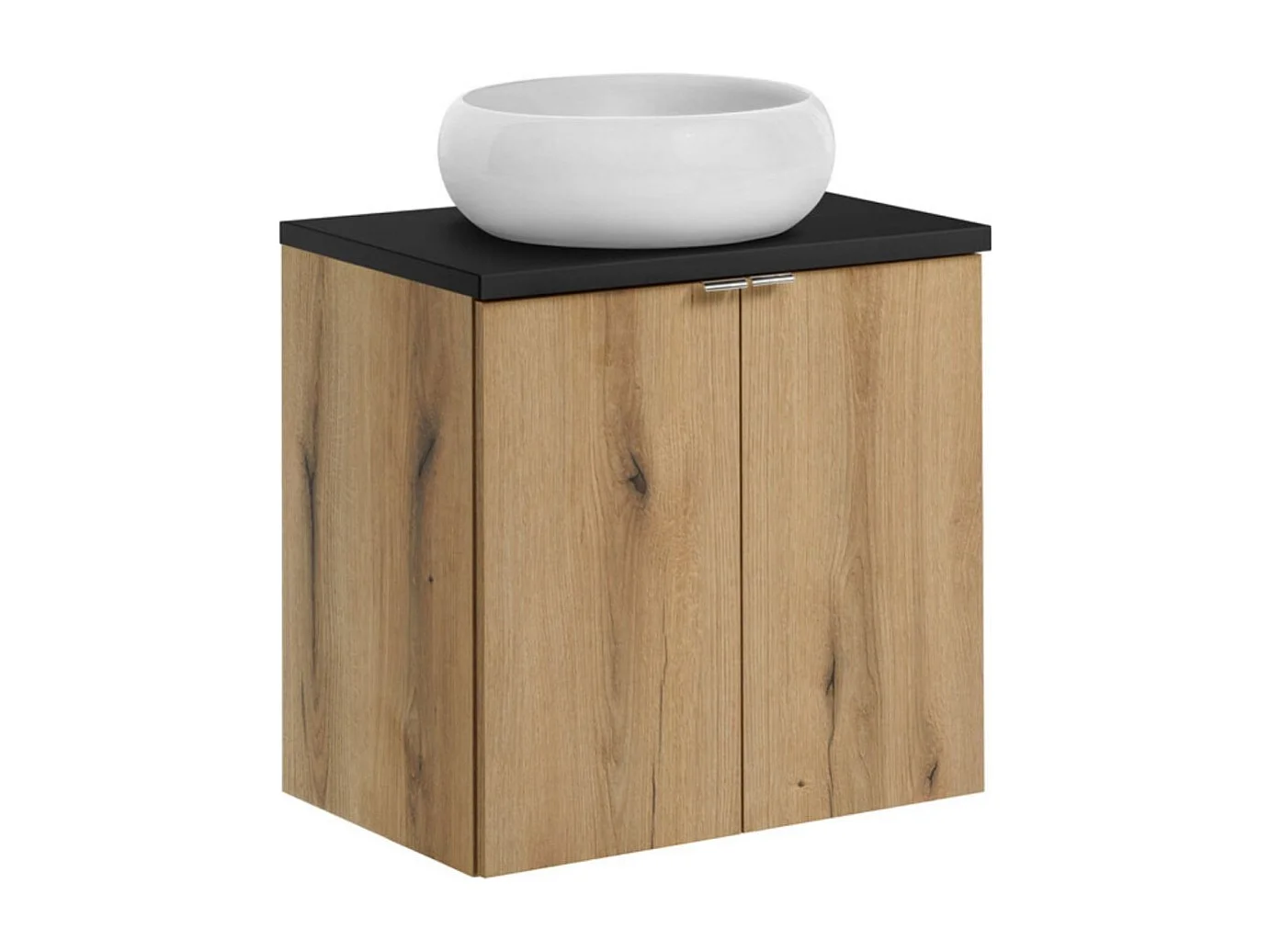 Ensemble VANO aspect chêne et noir 60cm : meuble sous vasque à placards + plan pour vasque + vasque à poser ronde blanche