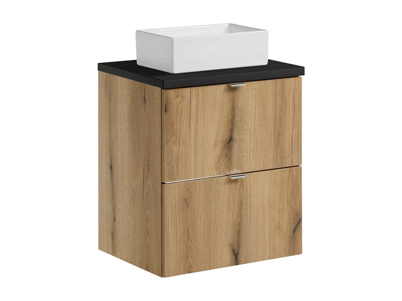 Ensemble VANO aspect chêne et noir 50cm : meubles sous vasque à tiroirs + plan pour vasque + vasques à poser rectangulaire