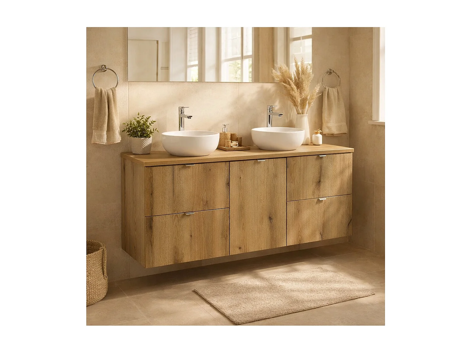 Ensemble de salle de bain VANO aspect chêne 140cm : meubles sous vasque à tiroirs et panier à linge intégré + plan pour vasque