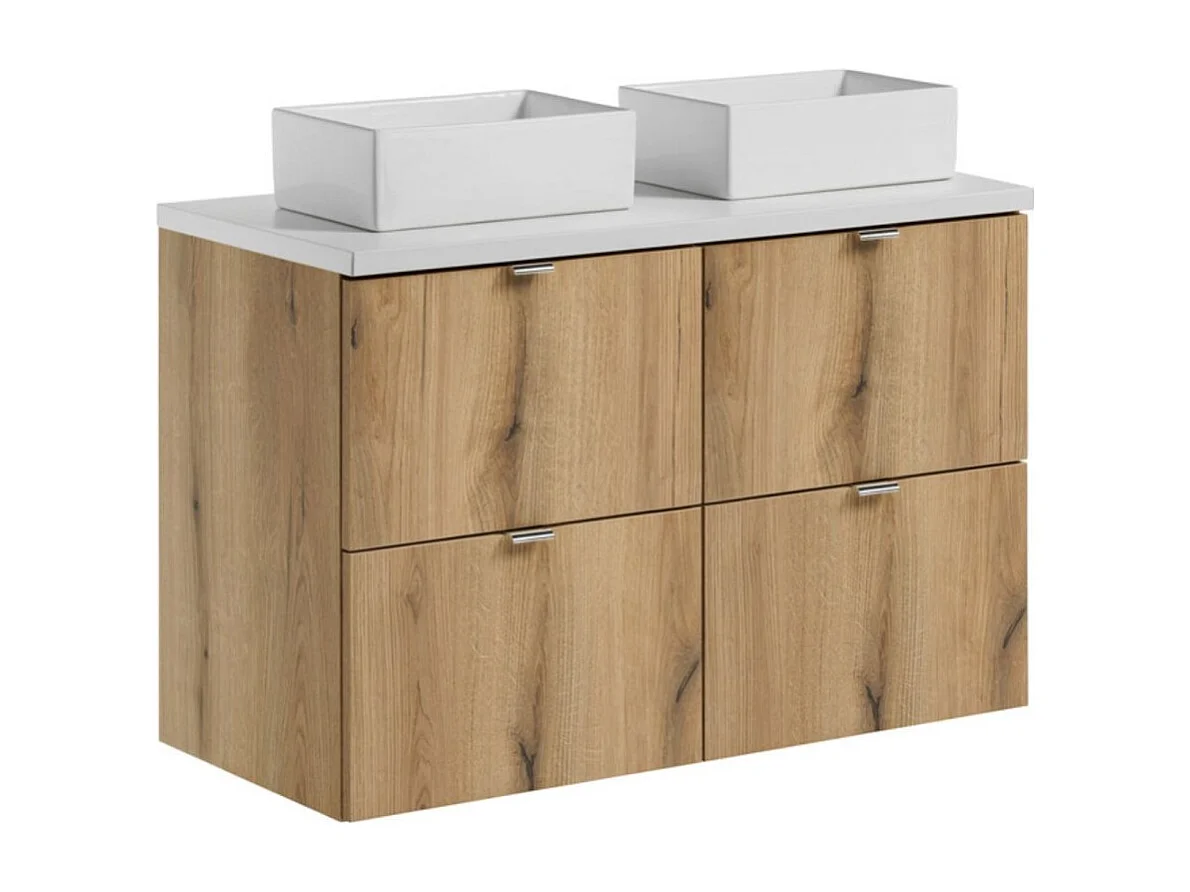 Ensemble VANO aspect chêne et blanc 100cm : meubles sous vasque à tiroirs + plan pour vasque + vasques à poser rectangulaires