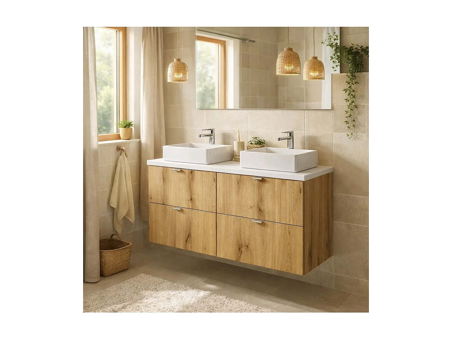 Ensemble VANO aspect chêne et blanc 100cm : meubles sous vasque à tiroirs + plan pour vasque + vasques à poser rectangulaires