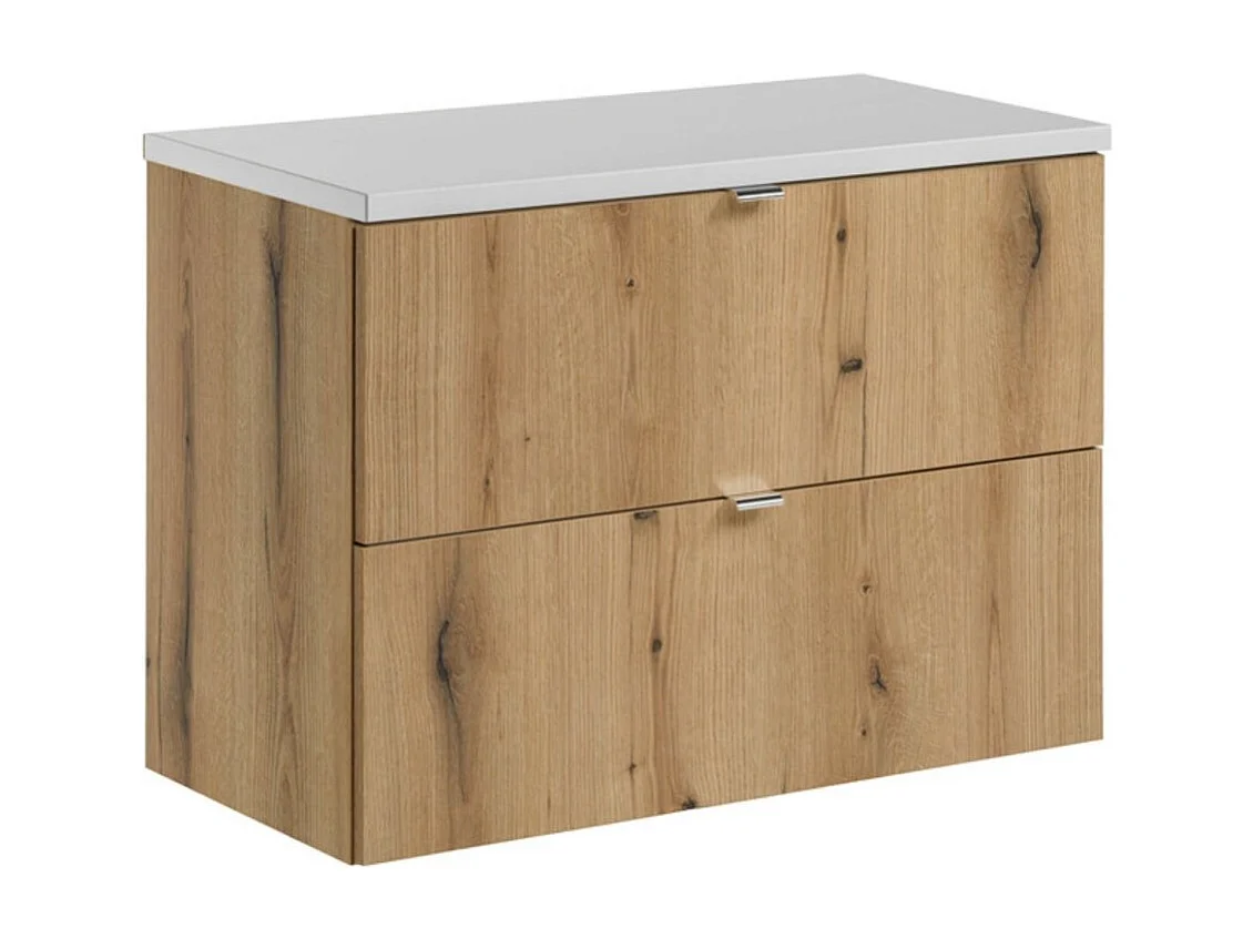 Ensemble de salle de bain suspendu VANO aspect chêne et blanc 80cm : meubles sous vasque à tiroirs + plan pour vasque