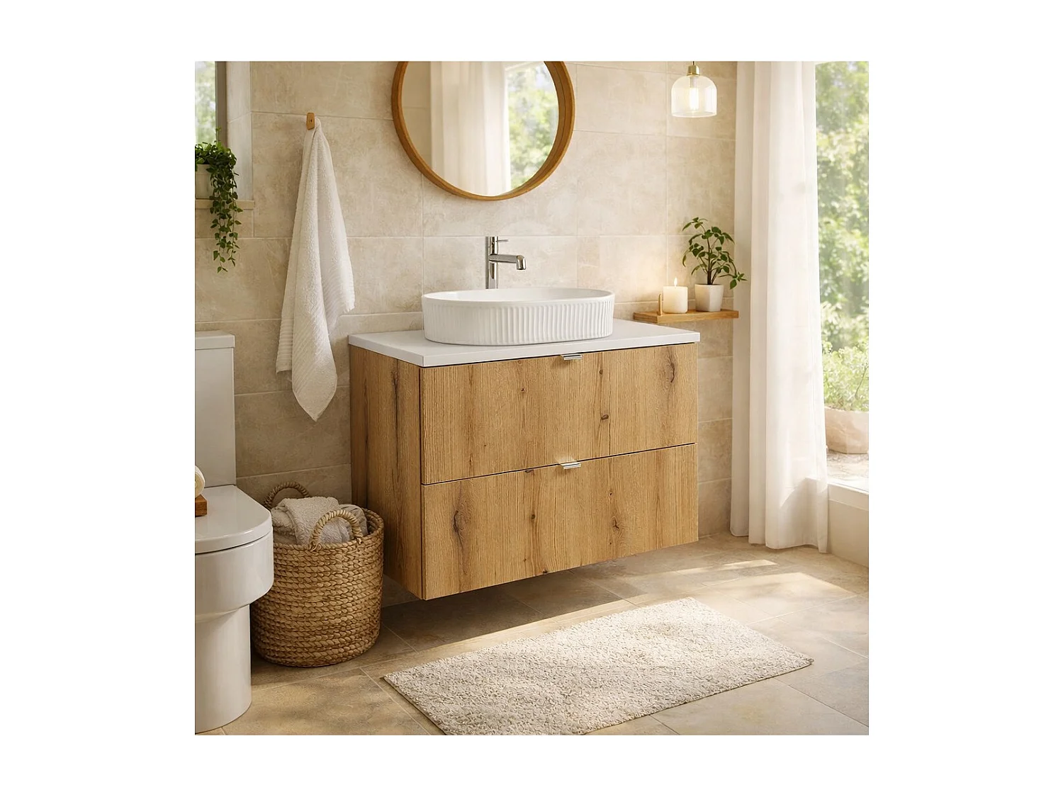 Ensemble de salle de bain suspendu VANO aspect chêne et blanc 80cm : meubles sous vasque à tiroirs + plan pour vasque