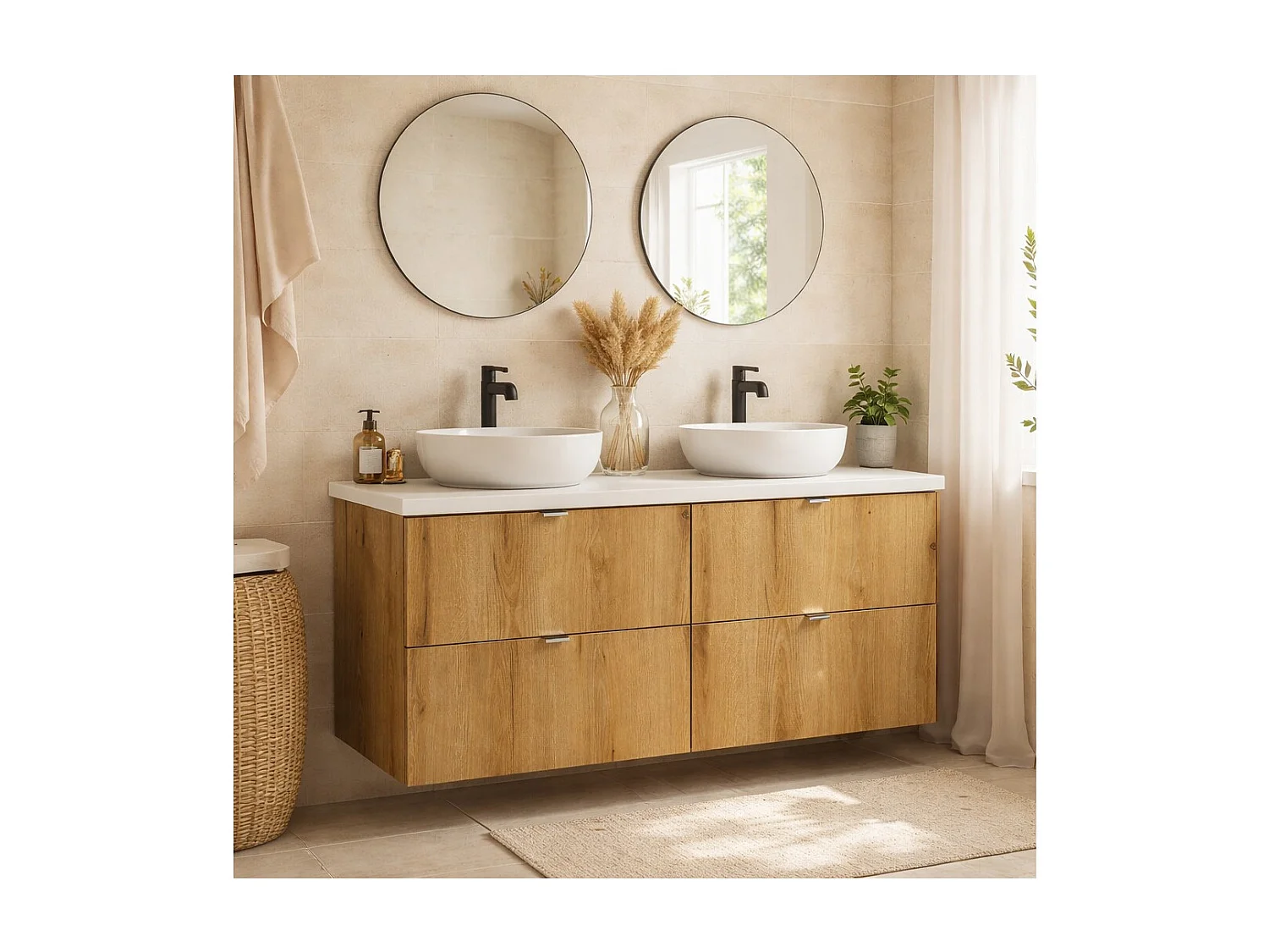 Ensemble de salle de bain suspendu VANO aspect chêne et blanc 120cm : meubles sous vasque à tiroirs + plan pour vasque