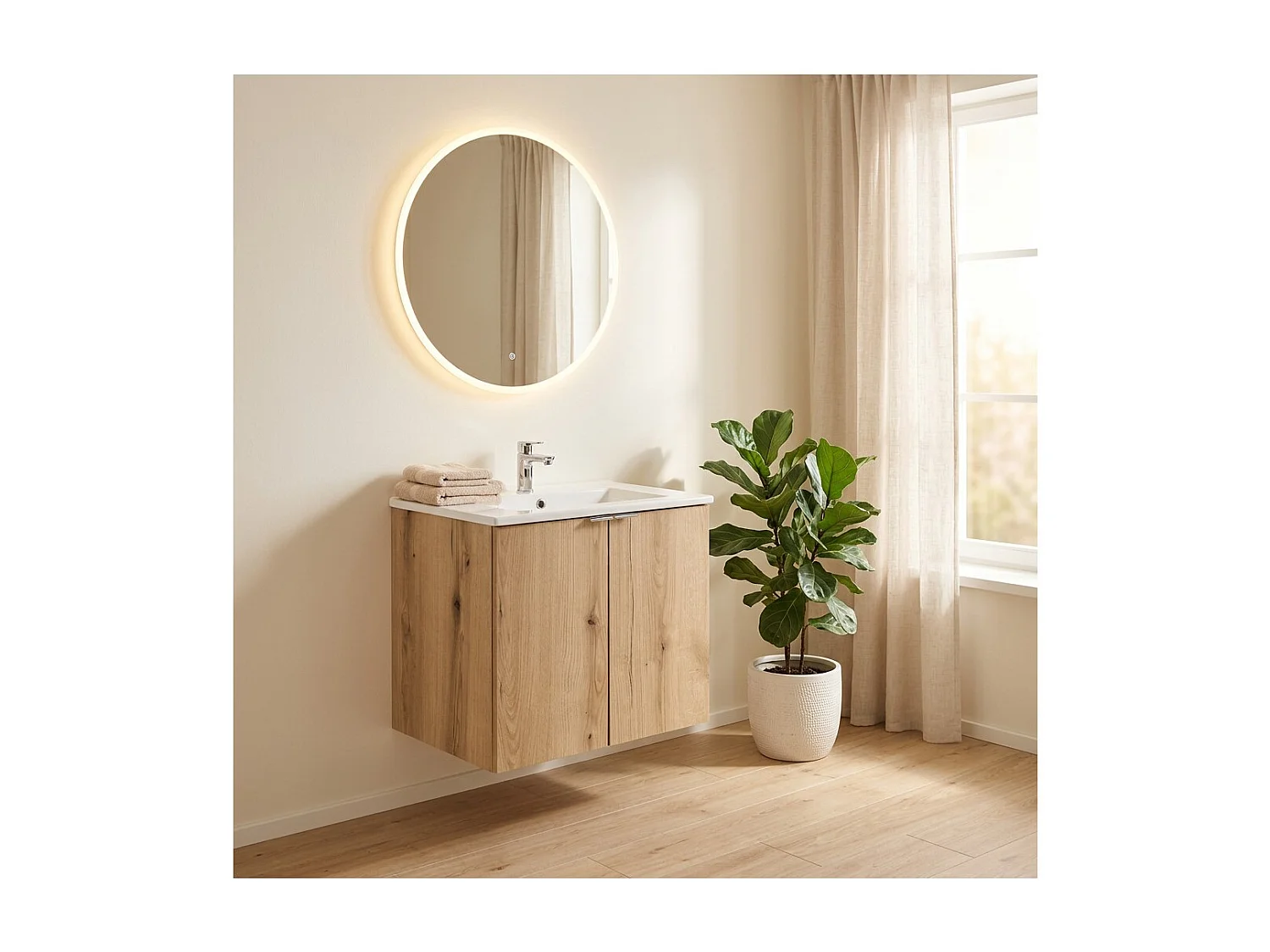 Ensemble de salle de bain suspendu VANO aspect chêne et blanc 50cm : meubles sous vasque à placards + vasque encastrée