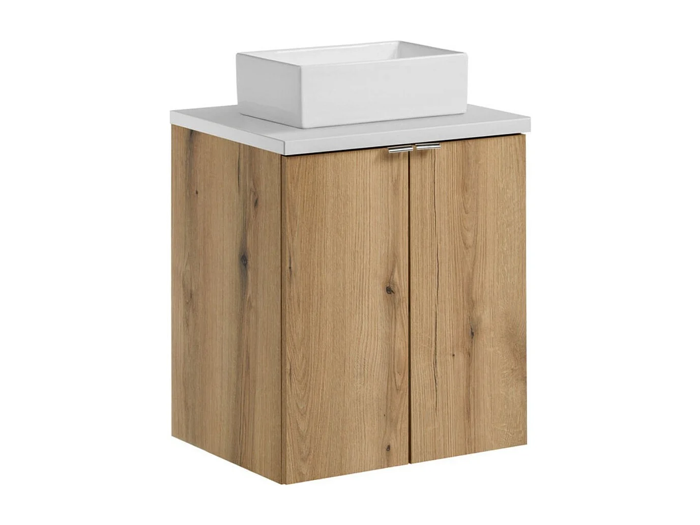 Ensemble VANO aspect chêne et blanc 50cm : meubles sous vasque à placards + plan pour vasque + vasques à poser rectangulaire