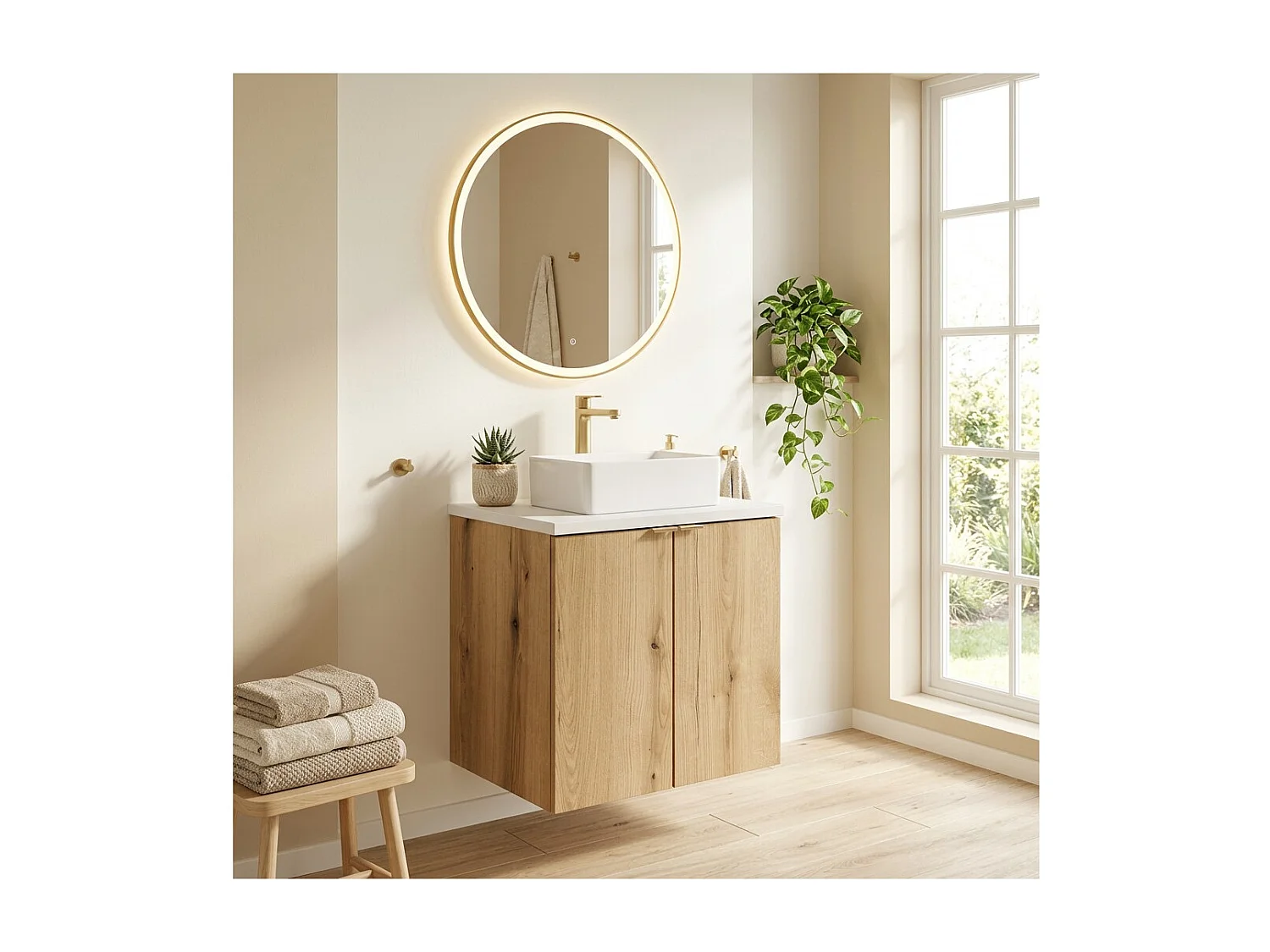 Ensemble VANO aspect chêne et blanc 50cm : meubles sous vasque à placards + plan pour vasque + vasques à poser rectangulaire