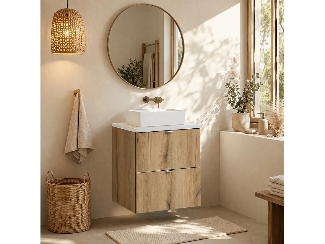 Ensemble de salle de bain suspendu VANO aspect chêne et blanc 50cm : meubles sous vasque à tiroirs + plan pour vasque