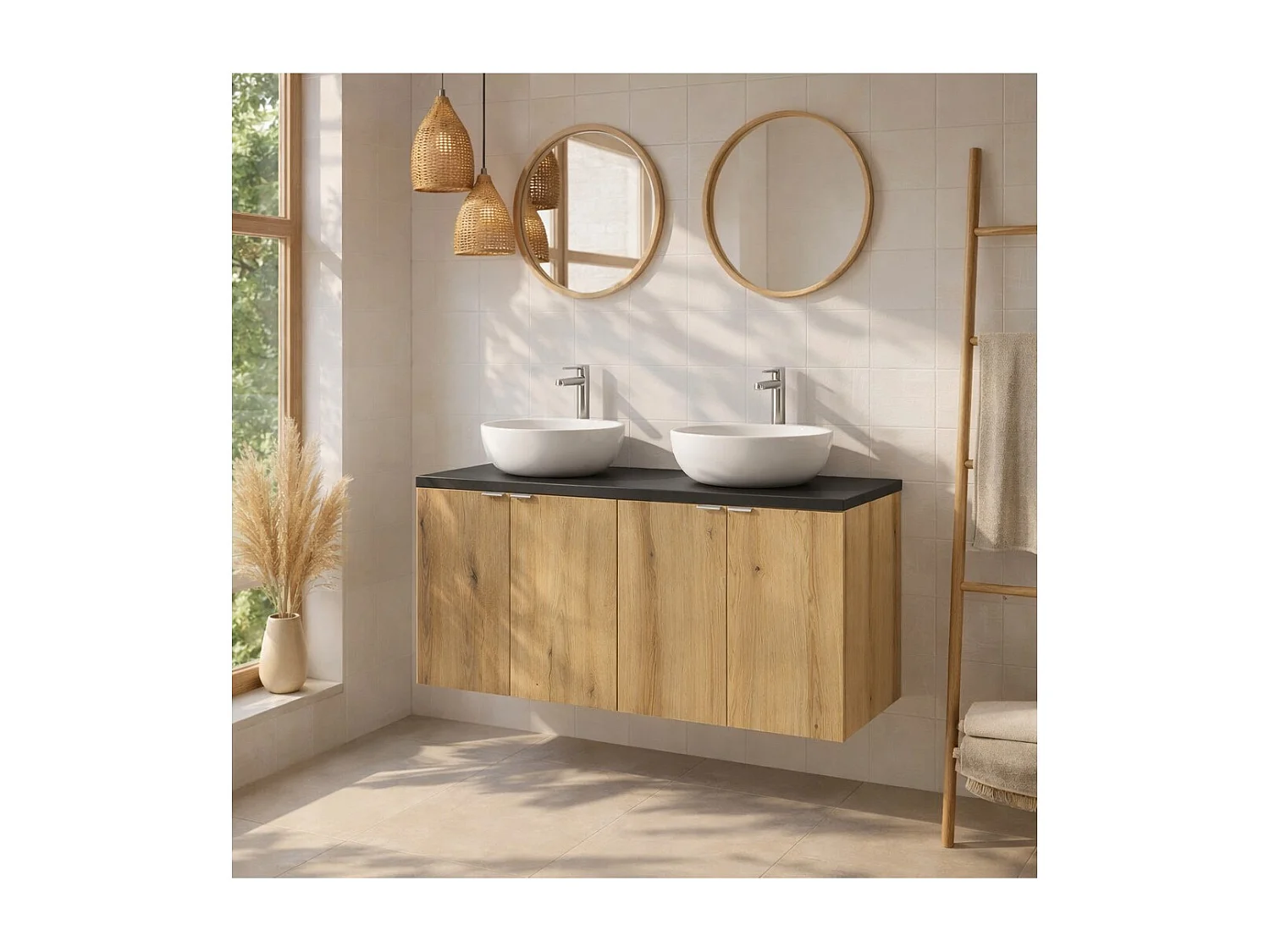 Ensemble de salle de bain suspendu VANO aspect chêne et noir 100cm : meubles sous vasque à placards + plan pour vasque