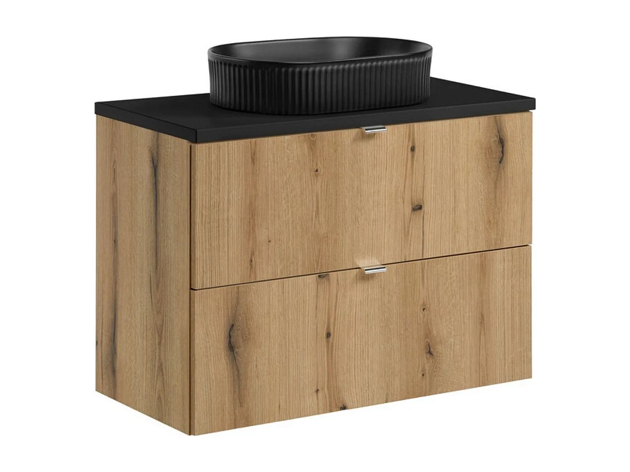 Ensemble VANO aspect chêne et noir 80cm : meubles sous vasque à tiroirs + plan pour vasque + vasque à poser rainurée noire