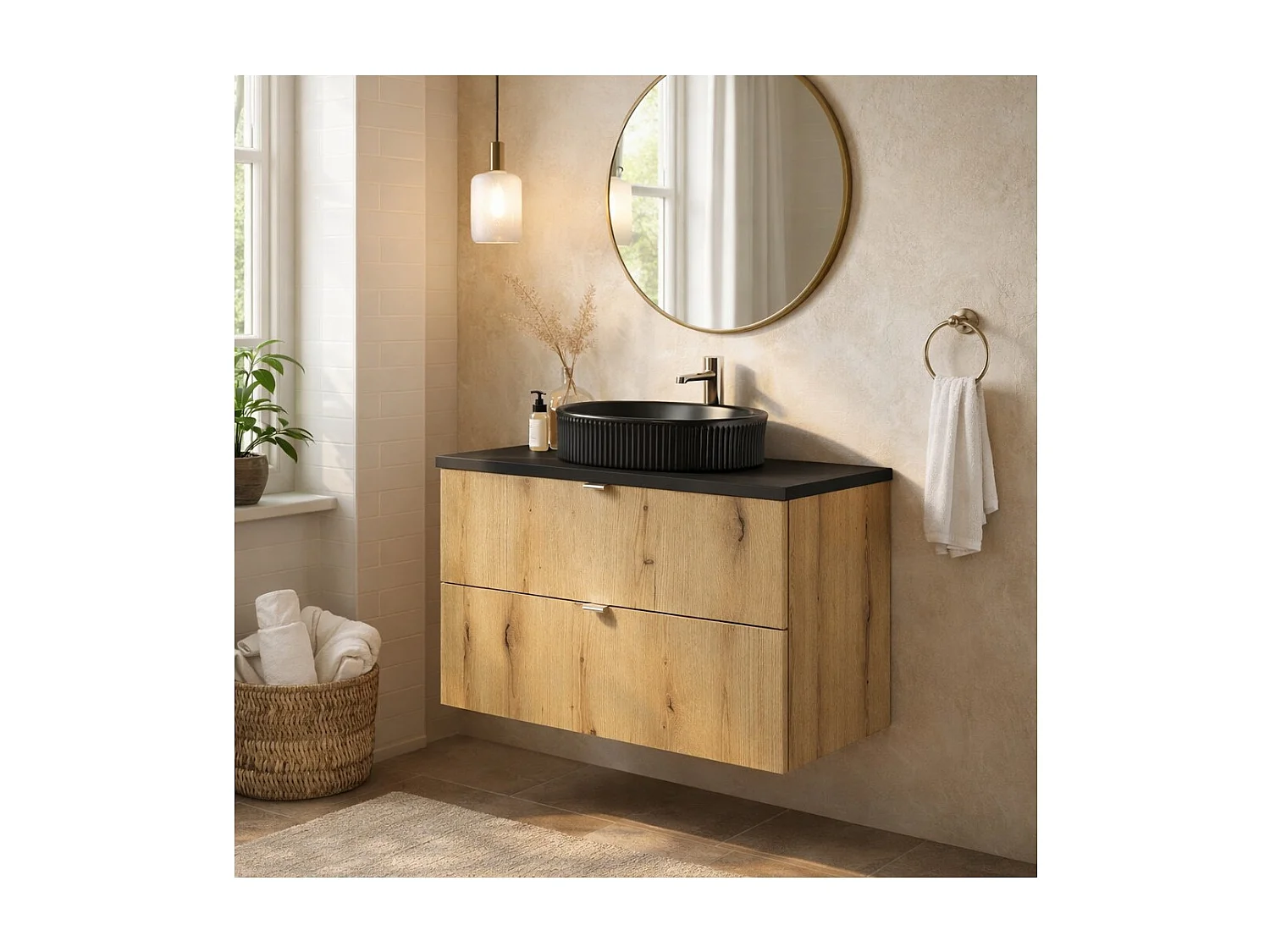 Ensemble VANO aspect chêne et noir 80cm : meubles sous vasque à tiroirs + plan pour vasque + vasque à poser rainurée noire