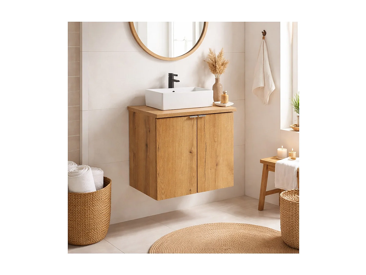 Ensemble de salle de bain suspendu VANO aspect chêne 50cm : meubles sous vasque à placards + plan pour vasque