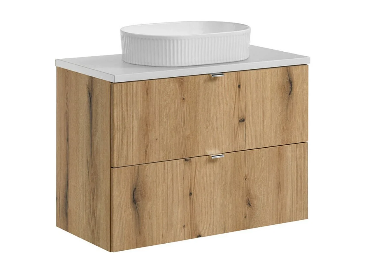 Ensemble VANO aspect chêne et blanc 80cm : meubles sous vasque à tiroirs + plan pour vasque + vasque à poser rainurée blanche