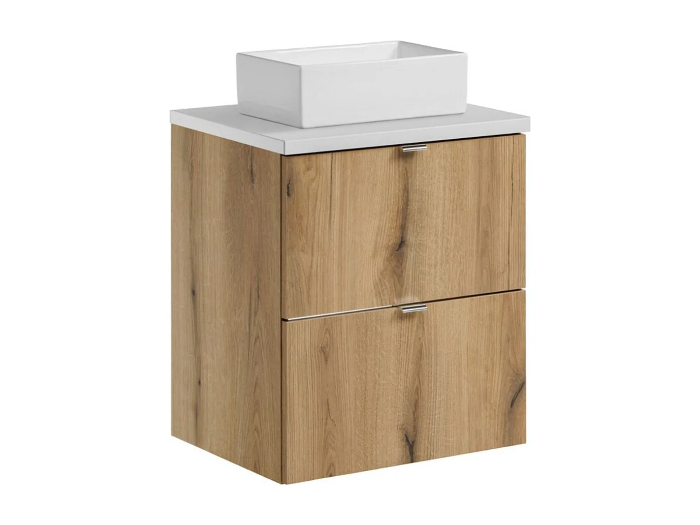 Ensemble VANO aspect chêne et blanc 50cm : meubles sous vasque à tiroirs + plan pour vasque + vasques à poser rectangulaire