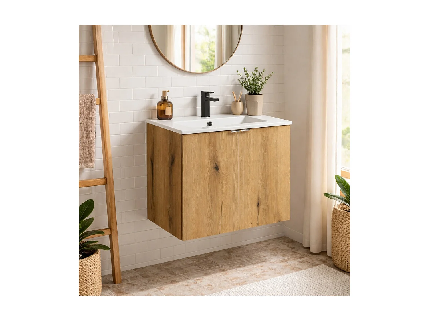 Ensemble de salle de bain suspendu VANO aspect chêne 60cm : meuble sous vasque à placards + vasque encastrée