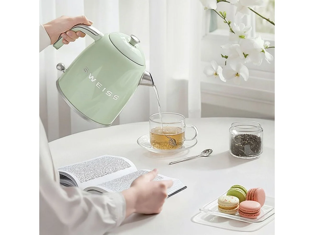 Elektryczny czajnik vintage SWEISS KTS7 1L 1000W stal nierdzewna zielony z automatycznym wyłącznikiem i obrotową podstawą 360°