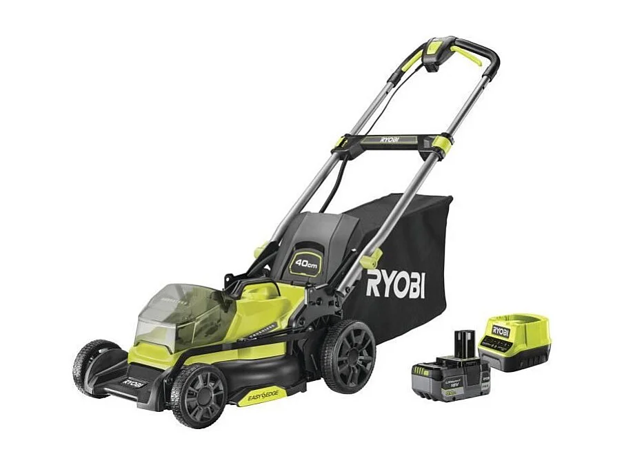 RYOBI 18V Brushless duwmaaier Ø40 cm met 5Ah accu, opvang en mulchen, inklapbaar stuur