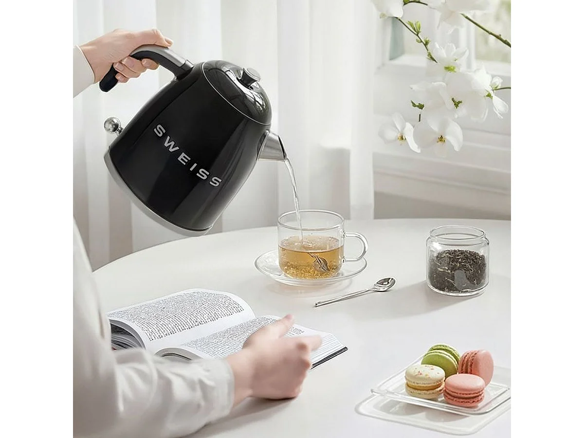 Vintage Elektrischer Wasserkocher SWEISS KTS9 1L Schwarz Edelstahl 1000W mit 360° Drehbasis