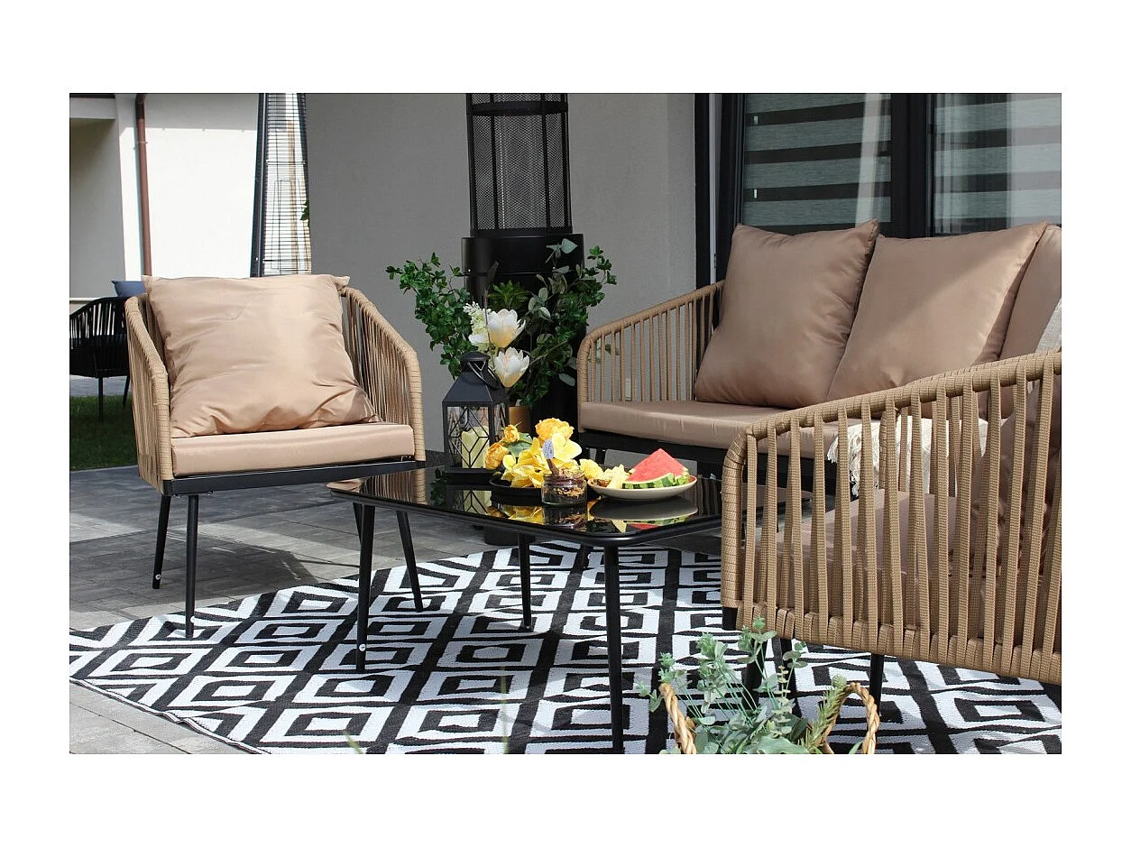 Set da giardino 4 posti STRAPA beige con corda intrecciata e tavolino basso