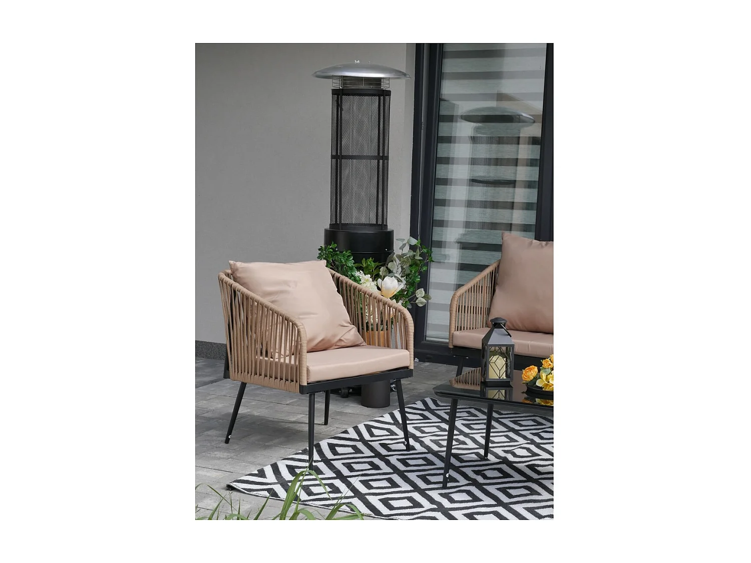Set da giardino 4 posti STRAPA beige con corda intrecciata e tavolino basso
