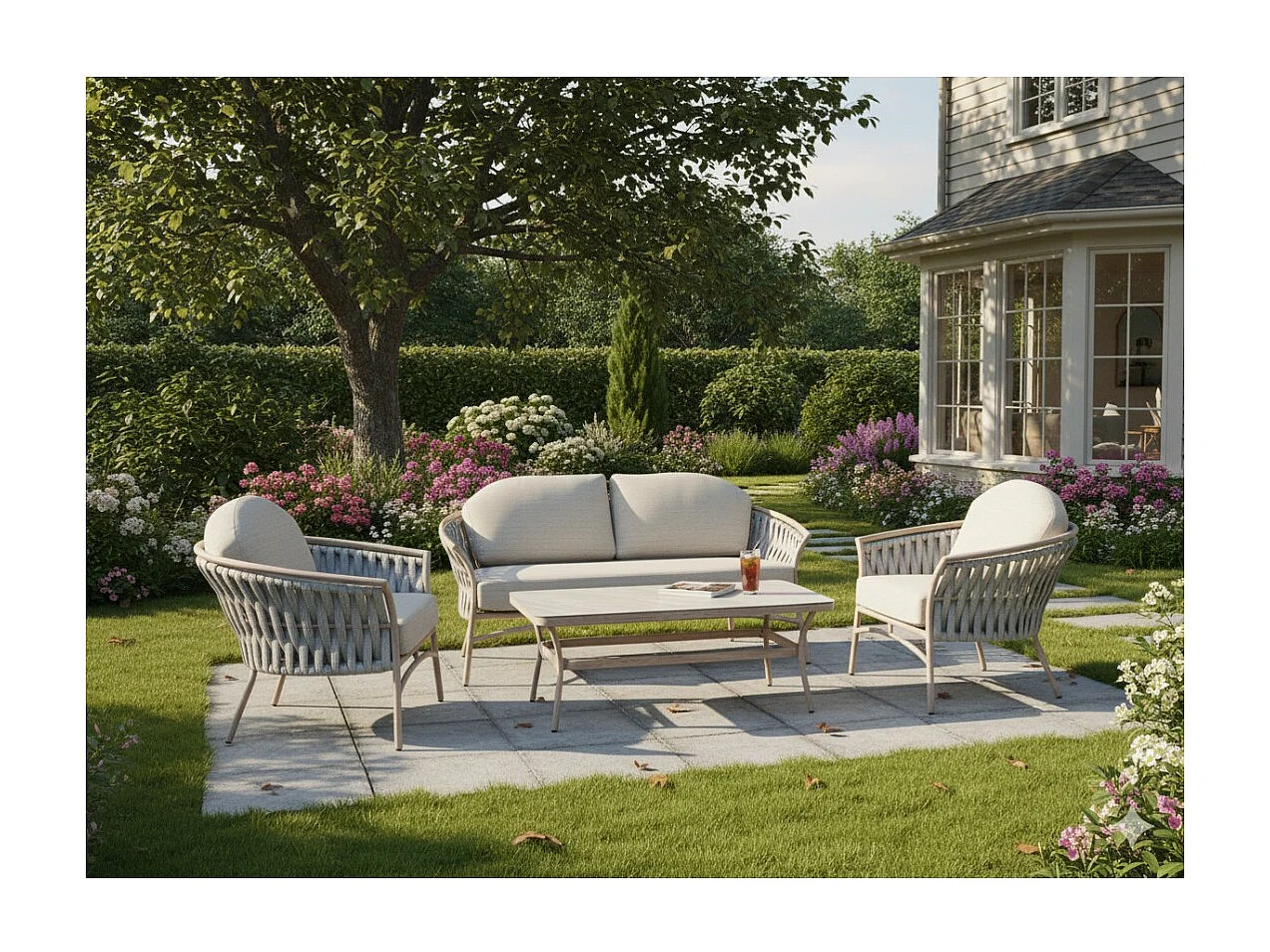 Tuinstel 4 plaatsen aluminium beige met touw en lage tafel – ROTINIA
