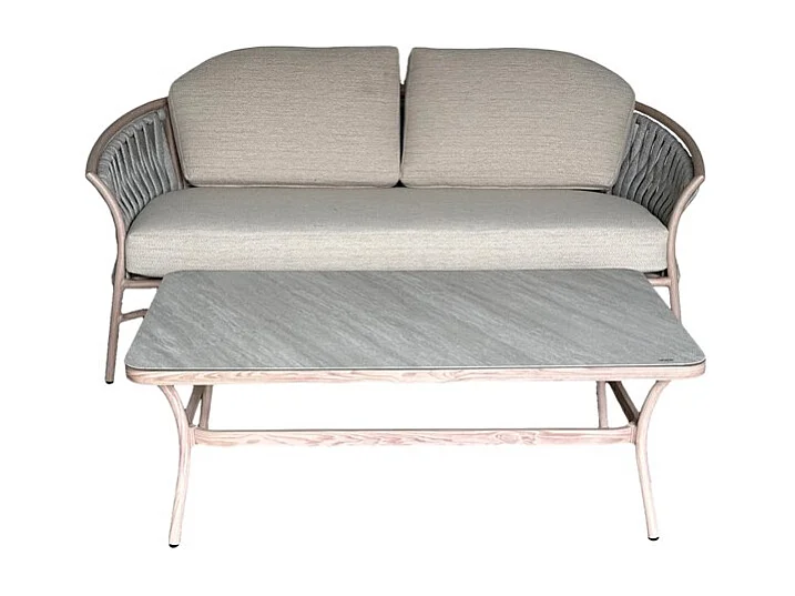 Tuinstel 4 plaatsen aluminium beige met touw en lage tafel – ROTINIA
