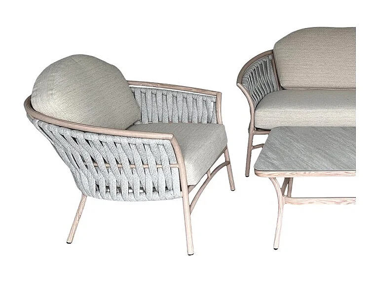 Tuinstel 4 plaatsen aluminium beige met touw en lage tafel – ROTINIA