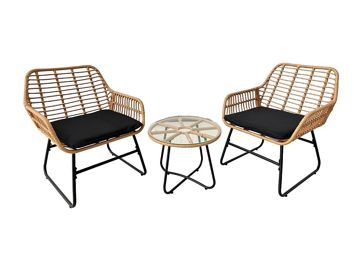 Tuinset HAVENA 2 zitplaatsen rotan bruin met zwarte kussens en lage tafel