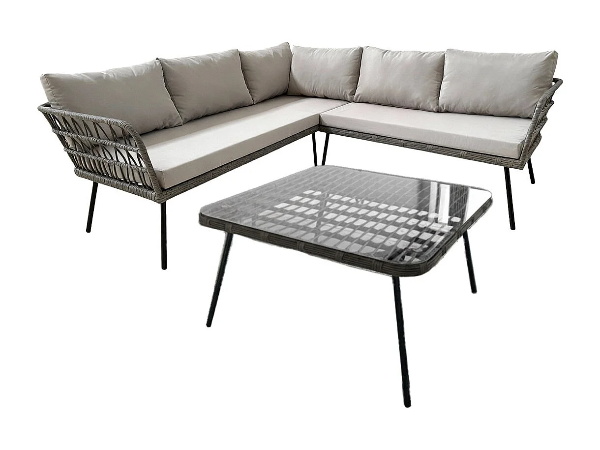 Salon de jardin d'angle RATTANIA rotin gris 5 places avec coussins et table