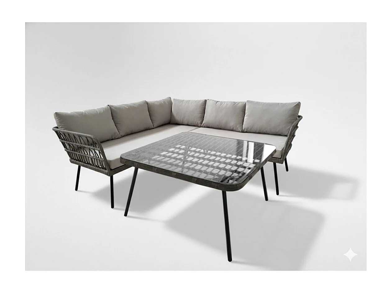 Salon de jardin d'angle RATTANIA rotin gris 5 places avec coussins et table