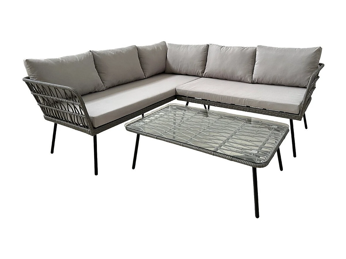 Salon de jardin d'angle RATTANIA rotin gris 5 places avec coussins et table