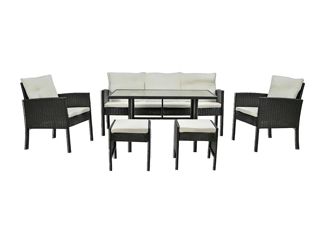 Conjunto de jardín LUXORIA 7 plazas negro y crema con sofá, sillones, pufs y mesa