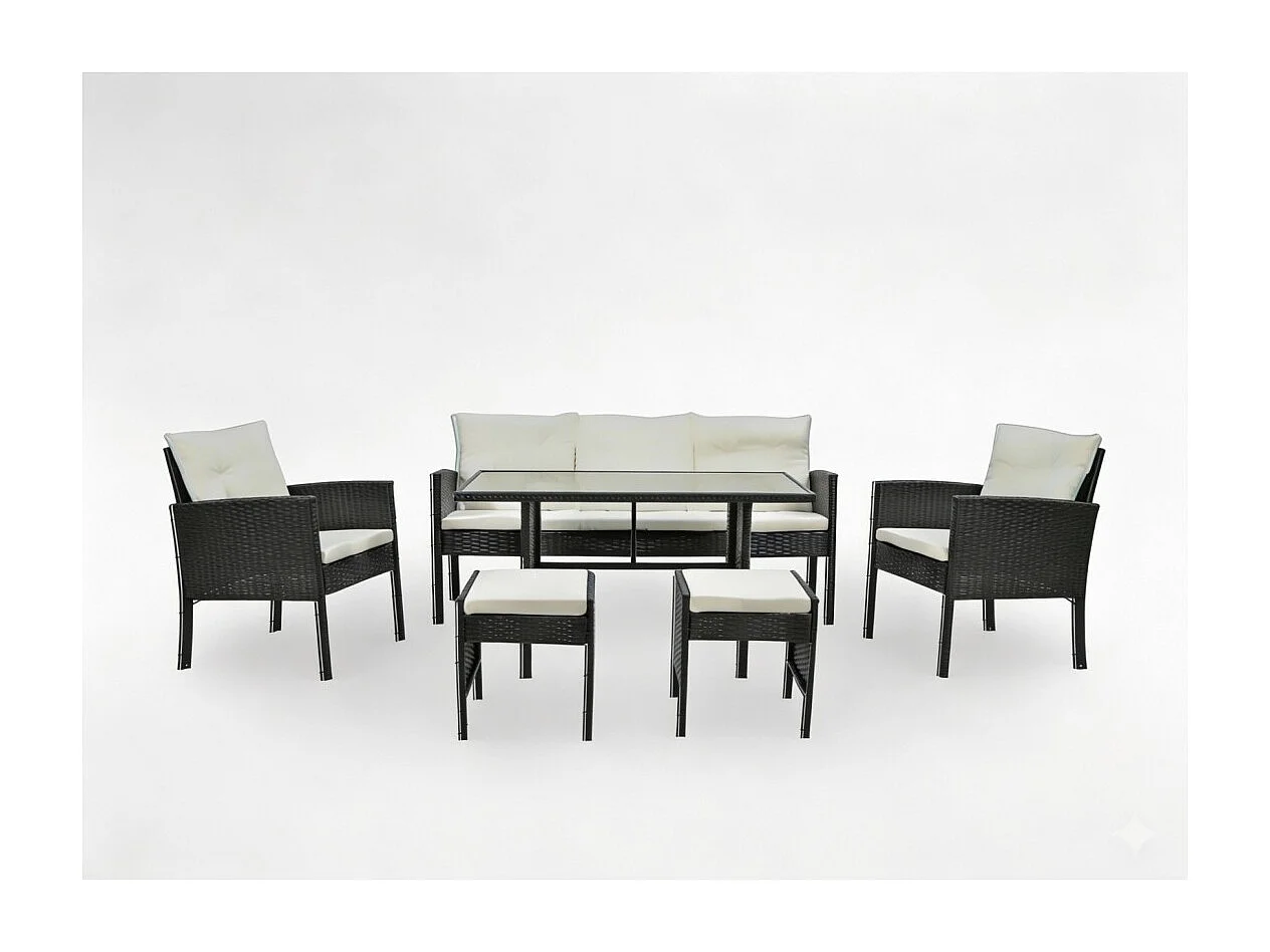 Conjunto de jardín LUXORIA 7 plazas negro y crema con sofá, sillones, pufs y mesa