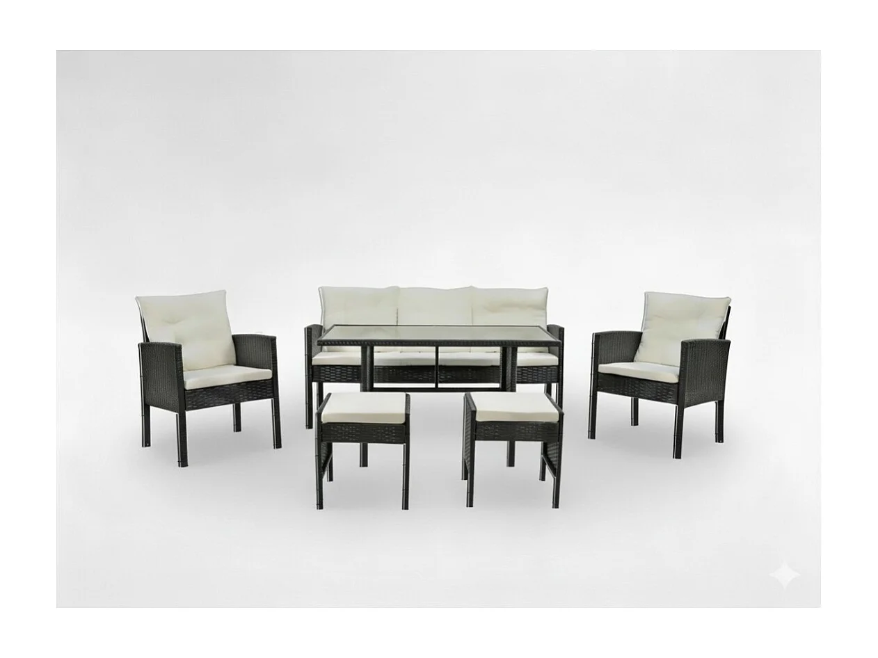 Conjunto de jardín LUXORIA 7 plazas negro y crema con sofá, sillones, pufs y mesa