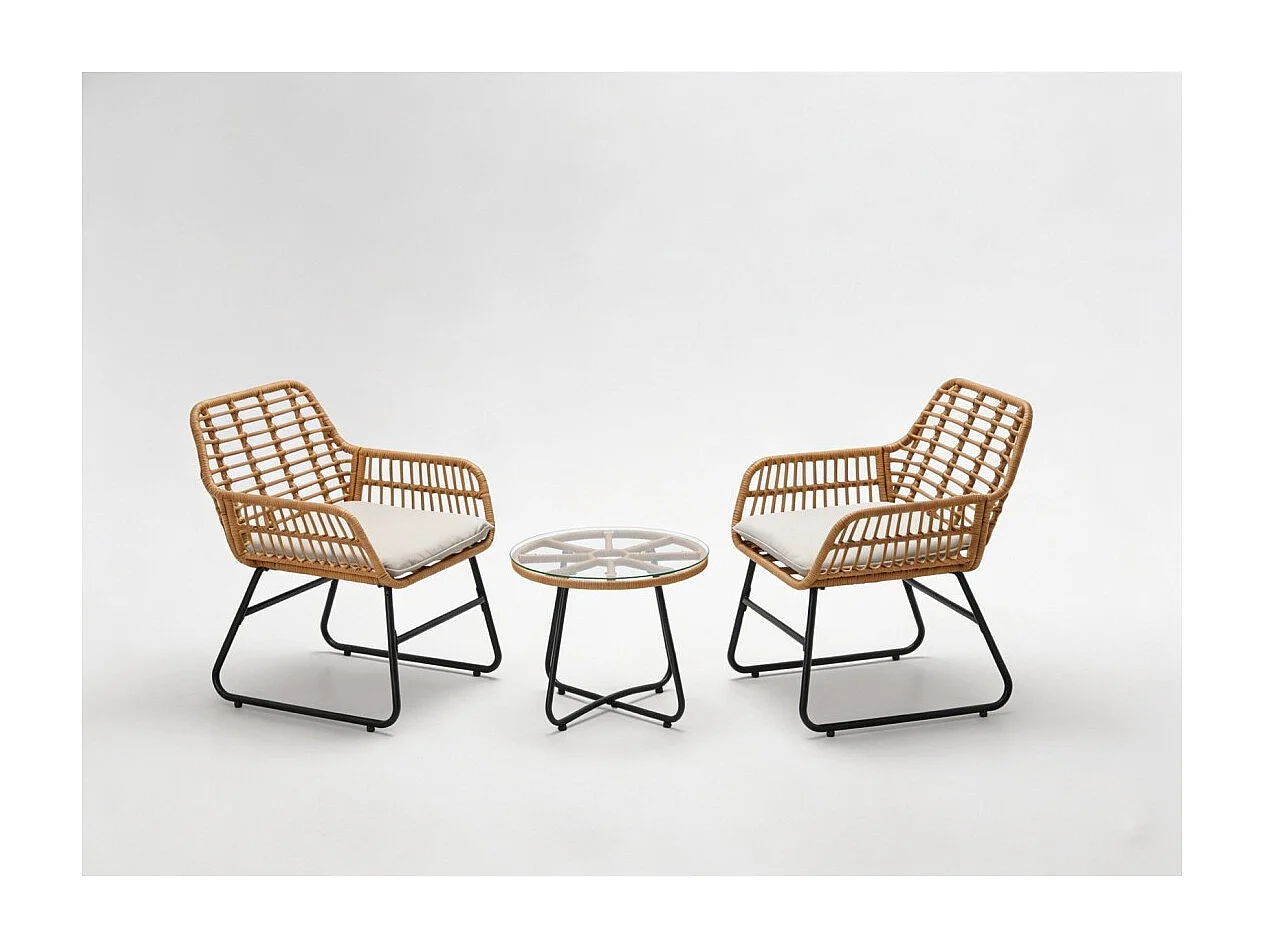 Salon de jardin HAVENA 2 places rotin marron avec coussins gris et table basse