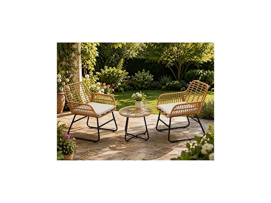 Salon de jardin HAVENA 2 places rotin marron avec coussins gris et table basse