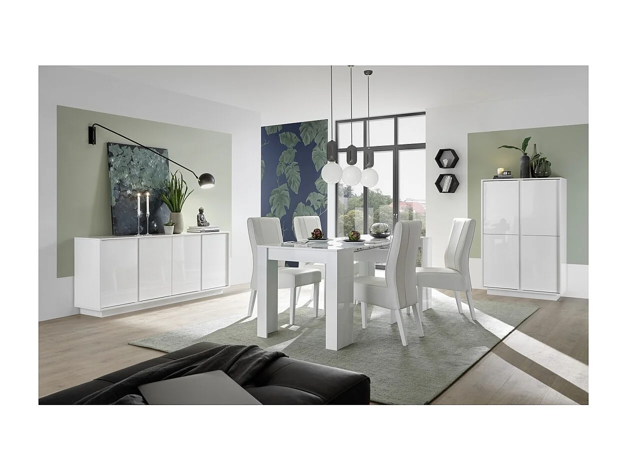 Table 137x90 avec rallonge inclus de 48cm, Collection FOLOMI, couleur blanc laqué brillant