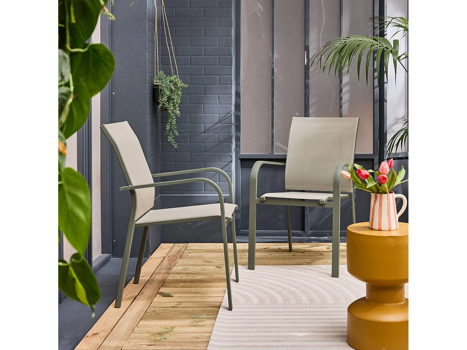 Silla de jardín apilable de aluminio y textileno, set de 2 verde kaki