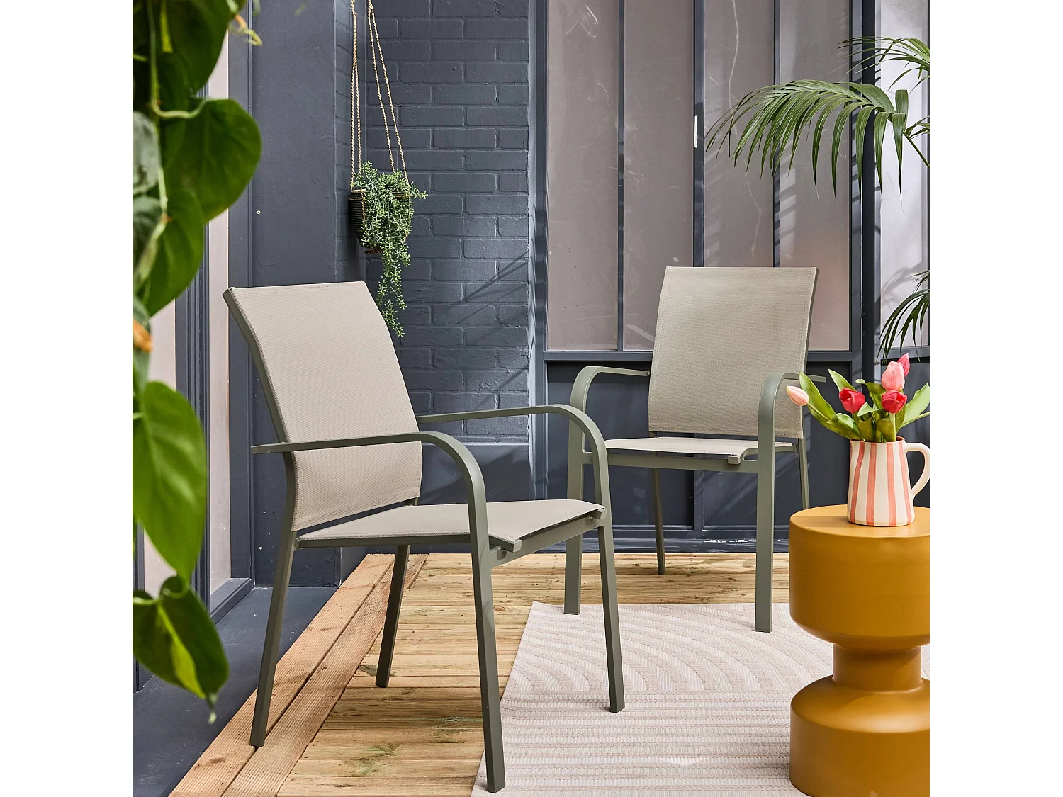 Silla de jardín apilable de aluminio y textileno, set de 2 verde kaki