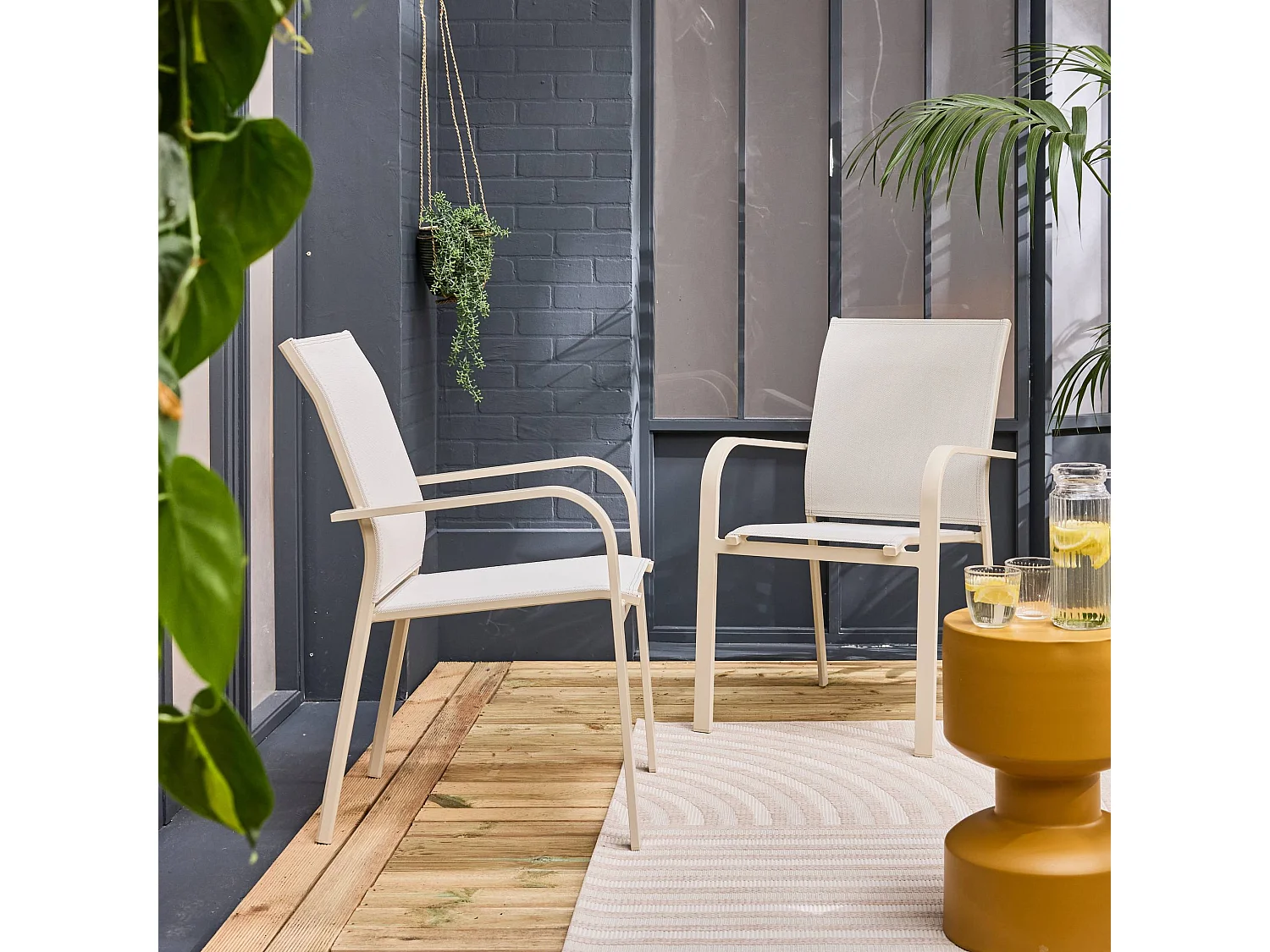 Silla de jardín apilable de aluminio y textileno, set de 2 beige