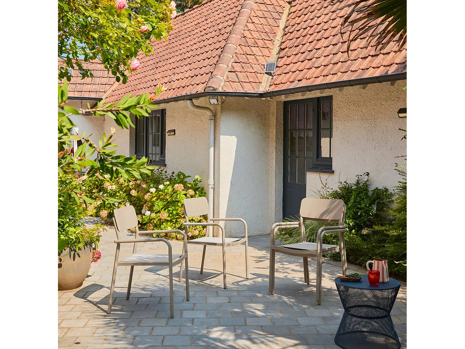 Silla de jardín apilable de aluminio, set de 4 beige